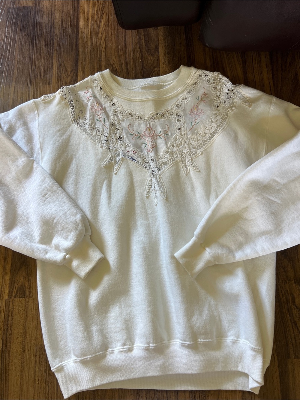 Jerzees White Sweatshirt with Lace & Pastel Embroidery